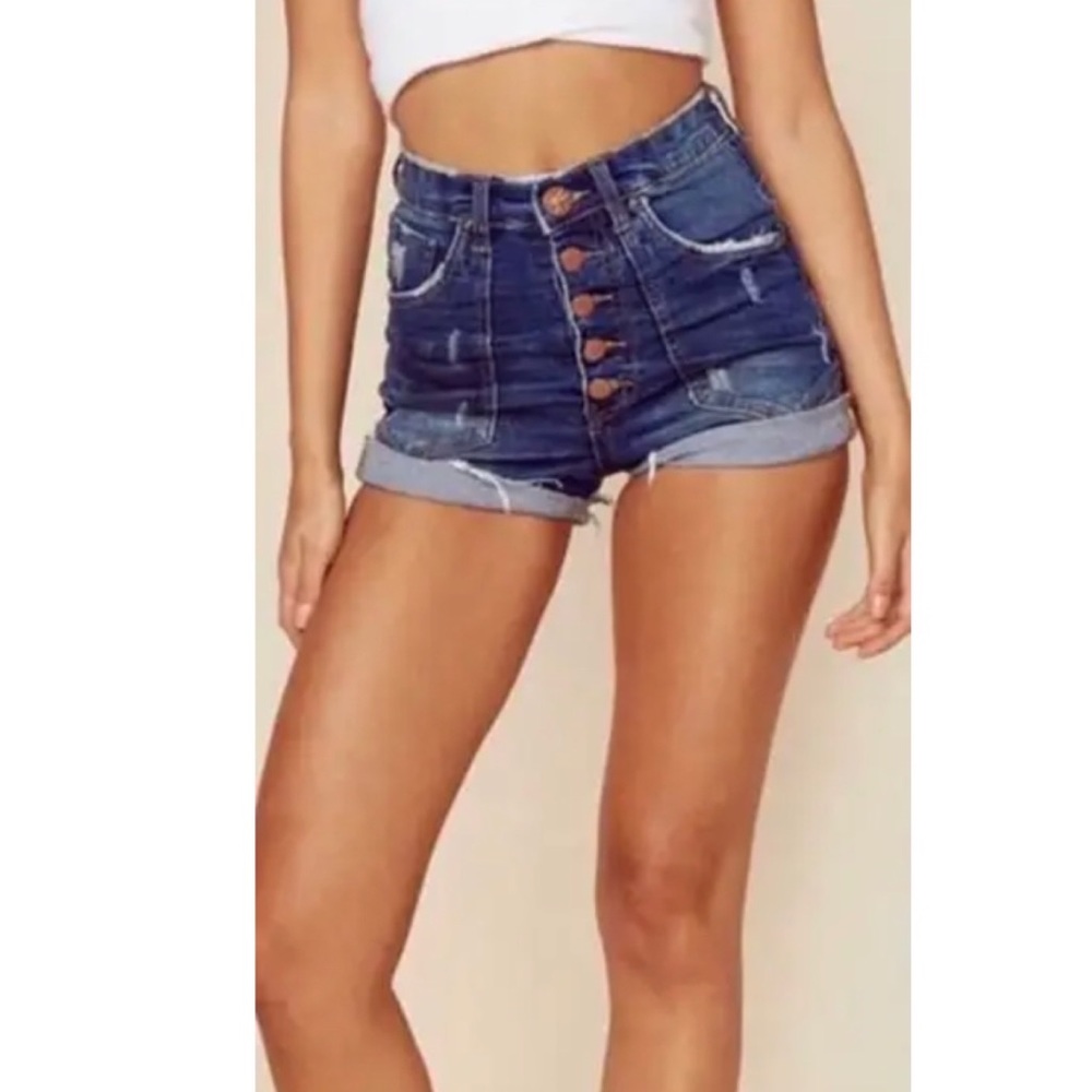 One Teaspoon High-Waist Button Front Denim Shorts - Dark Blue